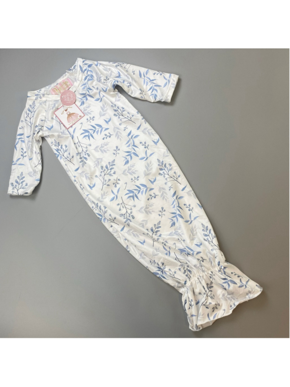 Kryssi Kouture Baby 3-6 Months White Blue Leaf Print Sleeper Dress Long Sleeve